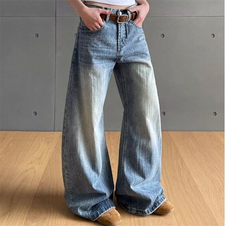 美式复古水洗弯刀牛仔裤女设计感宽松百搭显瘦高腰阔腿长裤潮，女装牛仔裤，星座506A