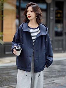 藏青色连帽宽松休闲夹棉外套女2025冬季极简廓形慵懒感小个子棉服图片