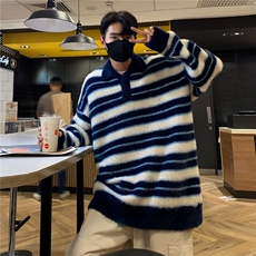 针织衫男韩版潮流条纹衬衫领帅2023冬季新款ins毛衣外套MZ131-P57，男装针织衫/毛衣，星座412-3