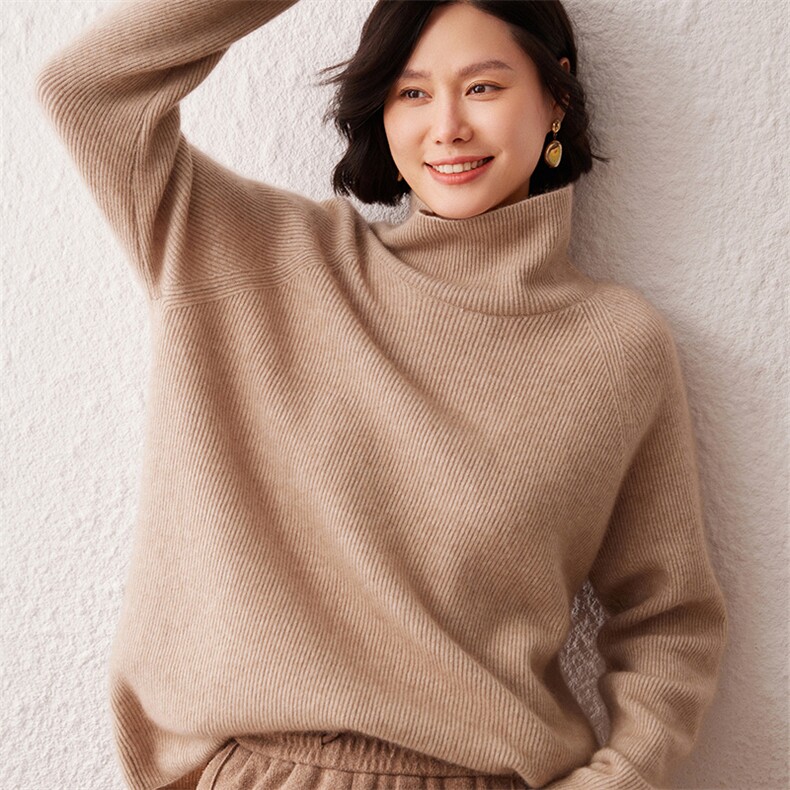 2024秋季新款长袖高领纯色35%羊绒开衫复古休闲,女装羊绒衫,雪真羊绒高端店