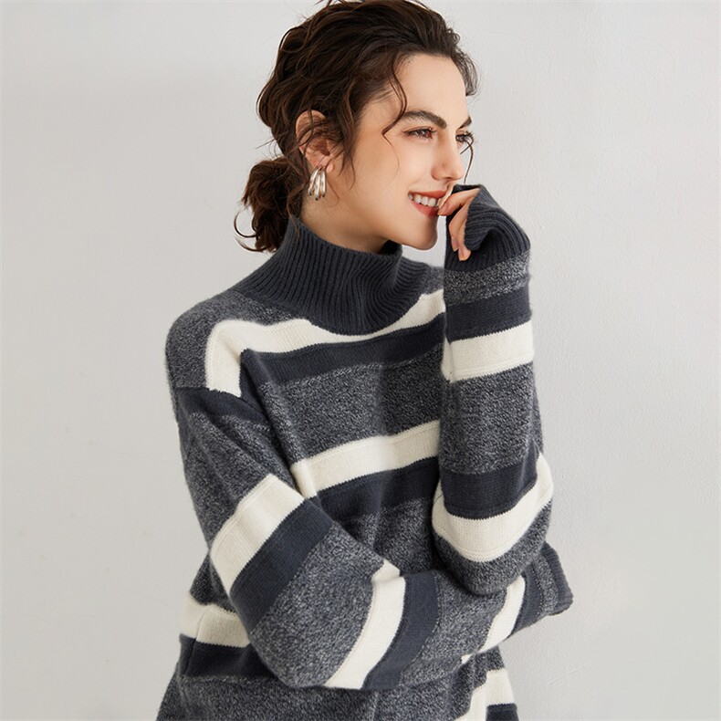 秋冬季新款毛衣女宽松显瘦时尚百搭加厚高领撞色花纱羊绒衫,女装羊绒衫,羢衣兜