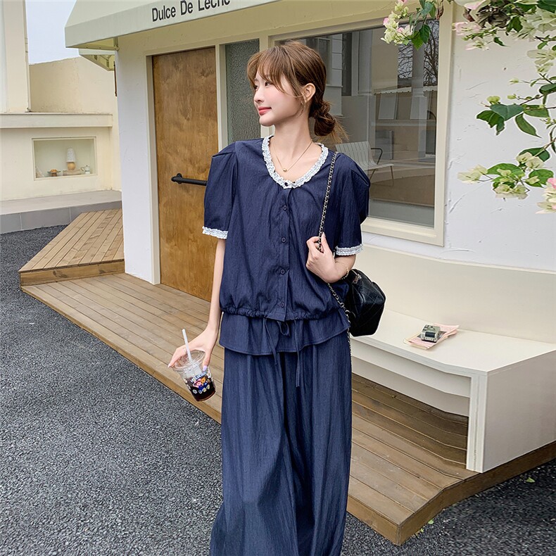 藏青色蕾丝花边圆领上衣阔腿裤套装女2025夏新款设计感甜美两件套,女装套装/套裙,2C159
