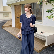 藏青色蕾丝花边圆领上衣阔腿裤套装女2025夏新款设计感甜美两件套，女装套装/套裙，2C159