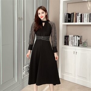 气质晚礼服女冬季长袖宴会高贵黑色长袖小个子年会名媛显瘦中长款