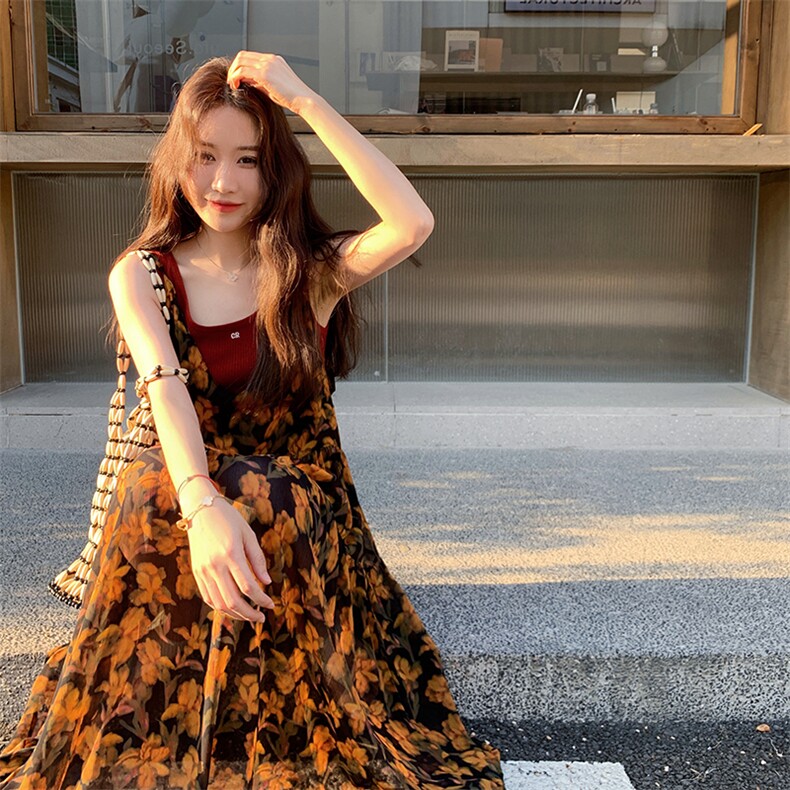 法式茶歇优雅碎花吊带连衣裙女2025夏季新款独特漂亮高级感长裙子,女装连衣裙,2C123
