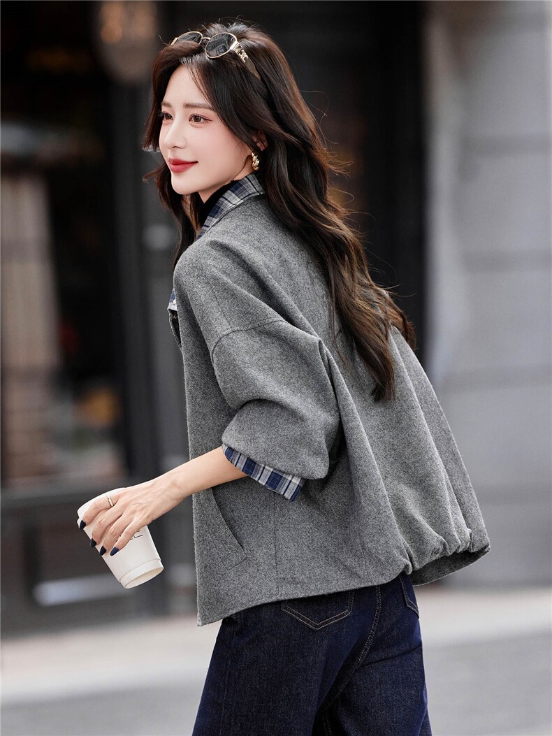 现货立领毛呢格子拼接外套女新款外穿宽松加厚百搭设计感夹克上衣,女装毛呢外套,靓衣阁