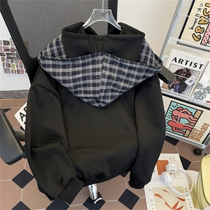 美式格子拼接披肩连帽卫衣男女夏宽松设计感外套帽衫WB444-P60图片
