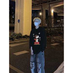 美式复古史努比印花长袖T恤小领口打底衫图片