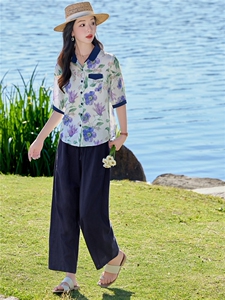 2026年夏季休闲时尚翻领印花上衣衬衫裤子套装两件套女图片