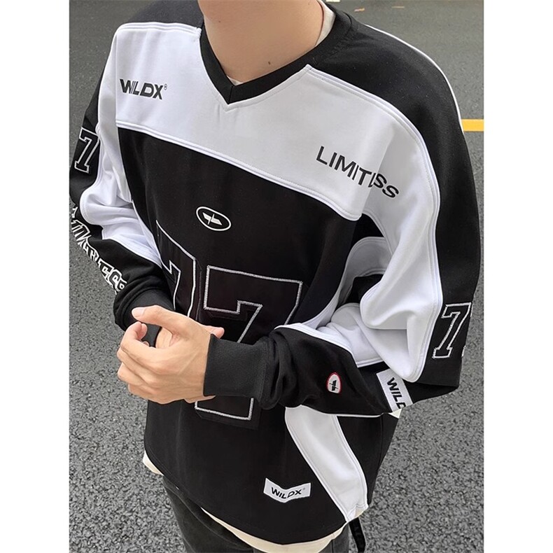 美式重磅硬挺机车服卫衣男春秋撞色拼接无帽衫cleanfit赛车服外套,男装工装外套,四季星座505
