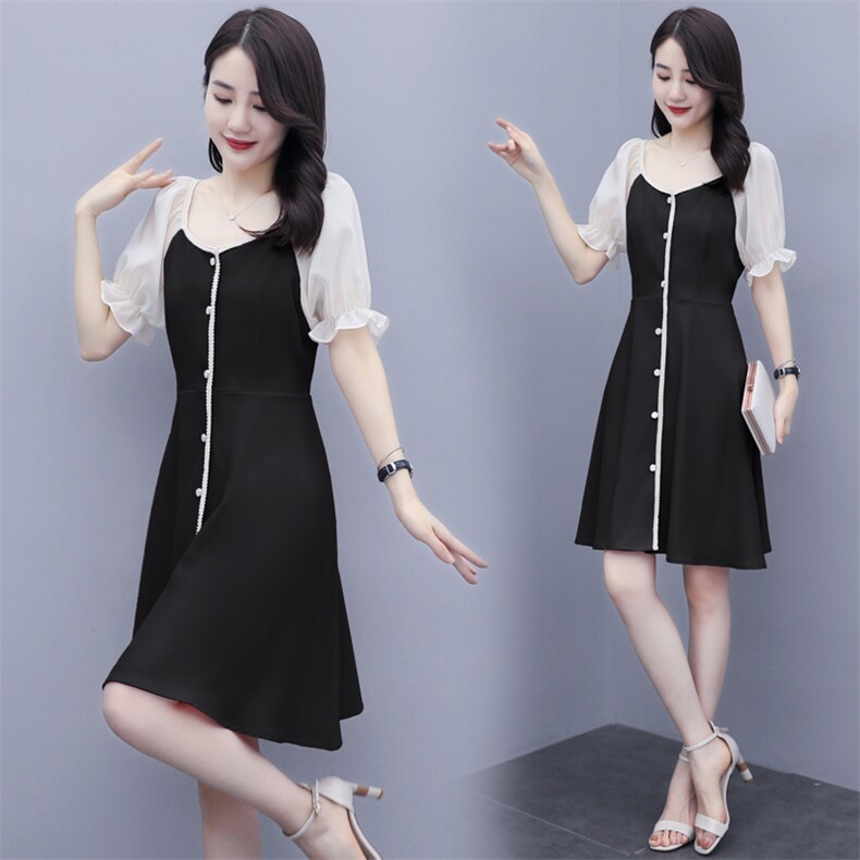 2021年新款复古修身收腰显瘦拼色背带假两件套气质流行夏天连衣裙,女装连衣裙,瑶迪依秀