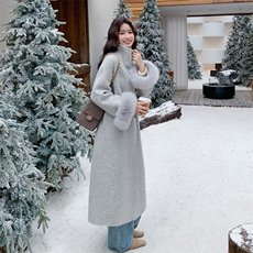 现货双旦主推款双面羊毛呢过膝长袖狐狸毛可拆卸加厚羊毛大衣，女装双面呢大衣，丝露怡语
