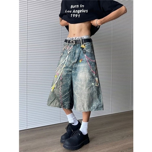 GJ0505-P55美式复古大码链条印花牛仔裤子美2025春朋克嘻哈拖地裤图片