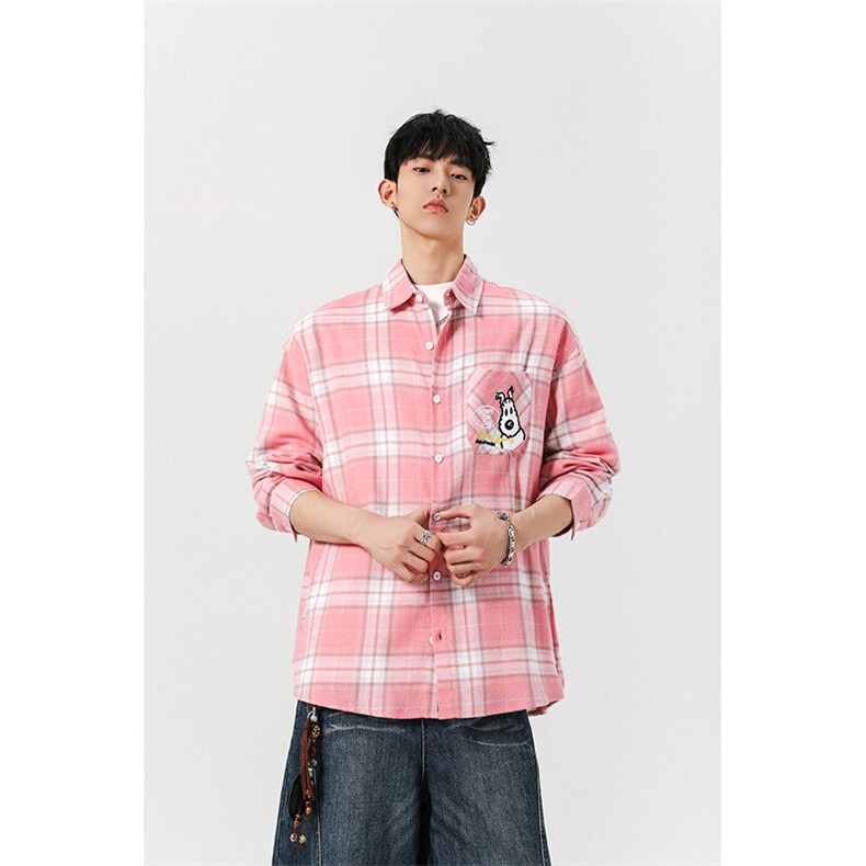 8XL-M小狗格子衬衫男长袖2025春情侣款寸衣宽松衬衣CS519P58控78,男装衬衫,电商D206-1