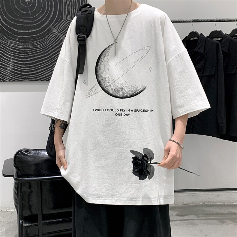 YT26246-P30月球亚短袖t恤男大码五分袖男宽松七分袖港风模特,男装T恤,电商A040