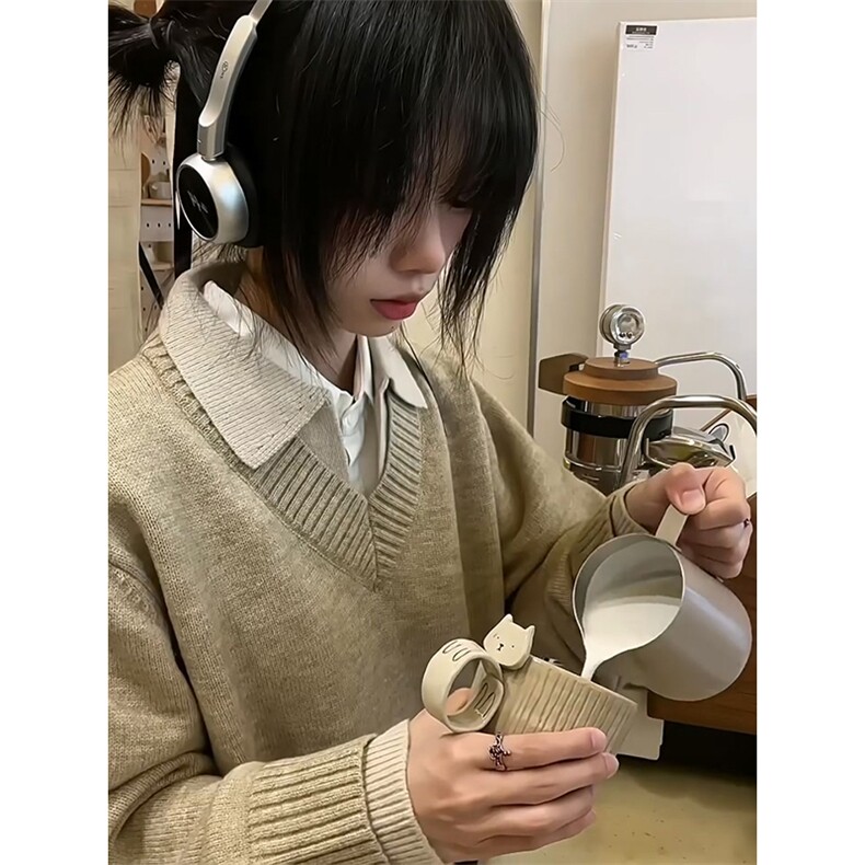 重磅北极绒假两件衬衫领毛衣美式高街复古休闲慵懒纯色翻领针织衫图片
