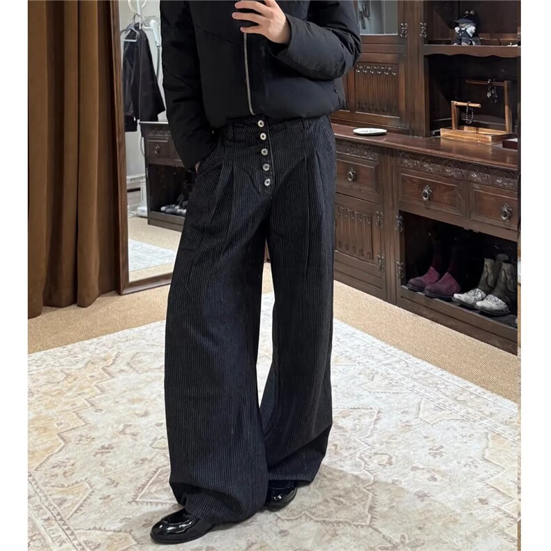 黑色条纹休闲裤春秋原色直筒简约复古宽松阔腿牛仔裤慵懒排扣长裤图片