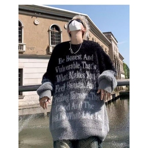 美式圆领渐变大码胖子仿貂绒毛衣男士秋冬季宽松慵懒风高级针织衫图片