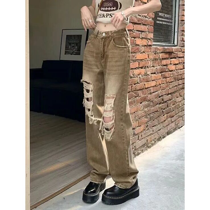 棕色破洞美式随性辣妹复古做旧大破洞直筒牛仔裤女潮搭春季阔腿裤,男装牛仔裤,星座506A