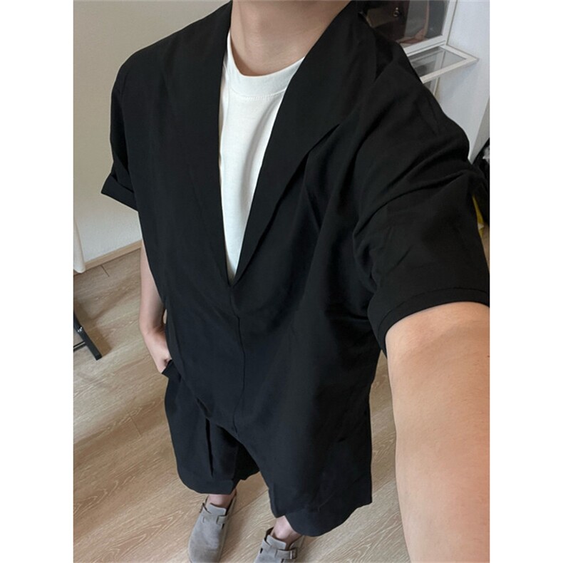 老钱风天丝亚麻套装男款夏季慵懒松弛感穿搭假两件polo衫短袖短裤，男装休闲套装，星座1116A（原606A-3）