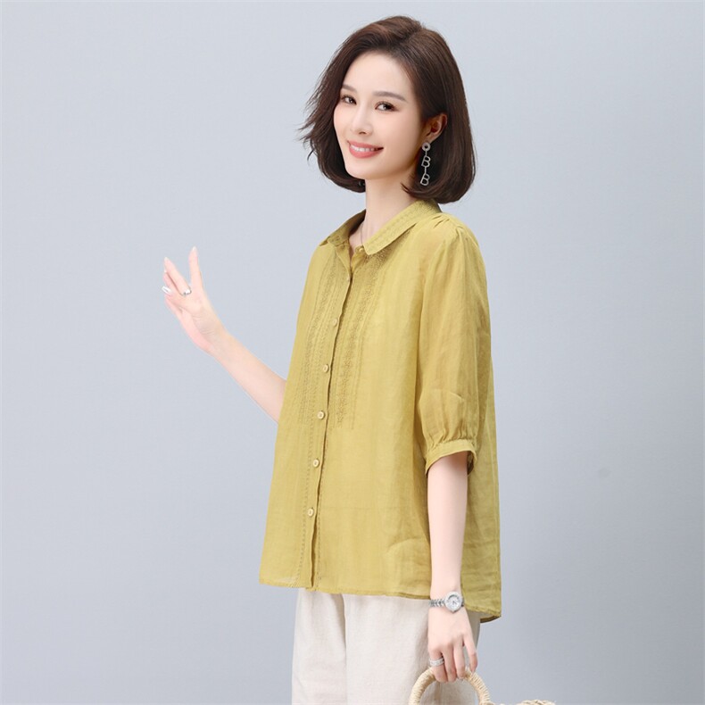 苎麻衬衫女夏季2024新款薄款宽松显瘦七分袖小衫减龄洋气妈妈上衣,女装衬衫,希欧阁