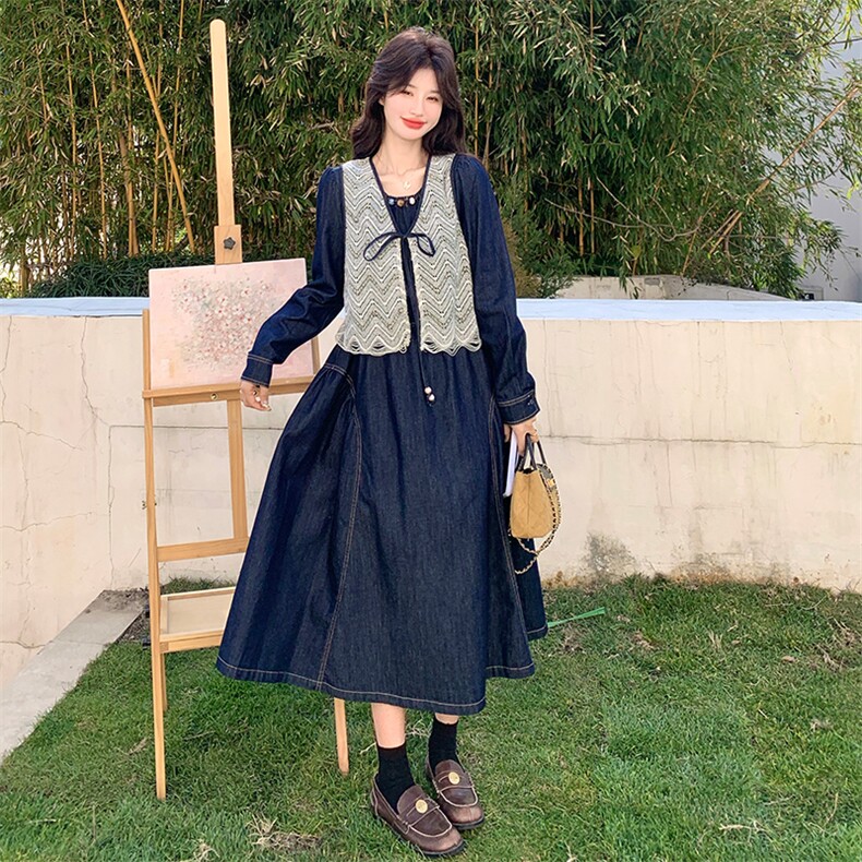 2026新款法式泡泡袖牛仔连衣裙+蕾丝马甲，女装连衣裙，纯色衣恋