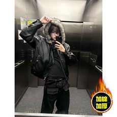 现货冬季美式潮牌痞帅PU皮机车服棉衣毛毛绒狼王座山雕皮棉服，男装棉衣，电商A443