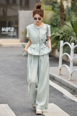 2025夏季新款时尚显瘦洋气减龄蕾丝上衣+阔腿裤套装，女装套装/套裙，伊仟回