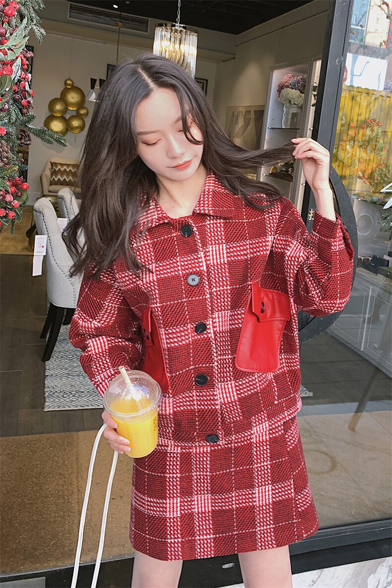 现货流行套装小个子女PU皮拼接格子套装F850-P130-K198,女装套装/套裙,浙宝287