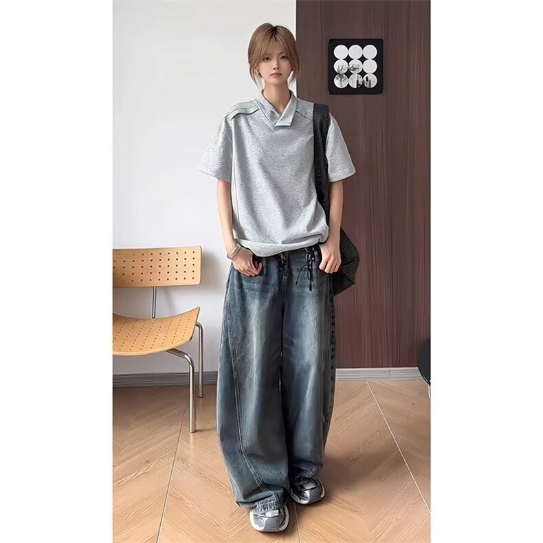 简约美式拼接短袖polo衫男女新款夏季设计感t恤青少年翻领5五分袖,男装T恤,星座506A