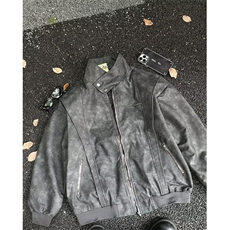 美式PU皮立领工装皮衣夹克外套男女春秋季棕色高级感运动棒球服，男装皮衣，星座601-1