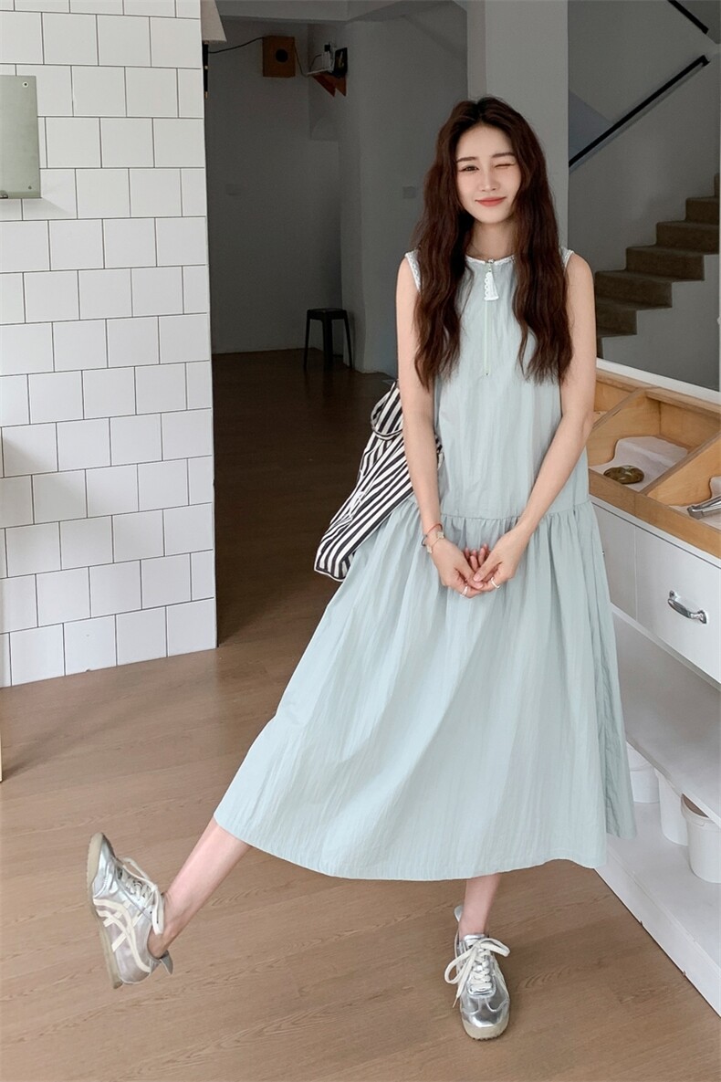 蕾丝边蓝色无袖连衣裙女中长款夏新款法式茶歇休闲减龄甜美a字裙,女装连衣裙,2C323