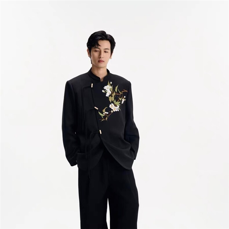 梨花新中式中山装男士结婚黑色立领西装外套订婚新郎中式礼服,男装西服套装,星座601-1
