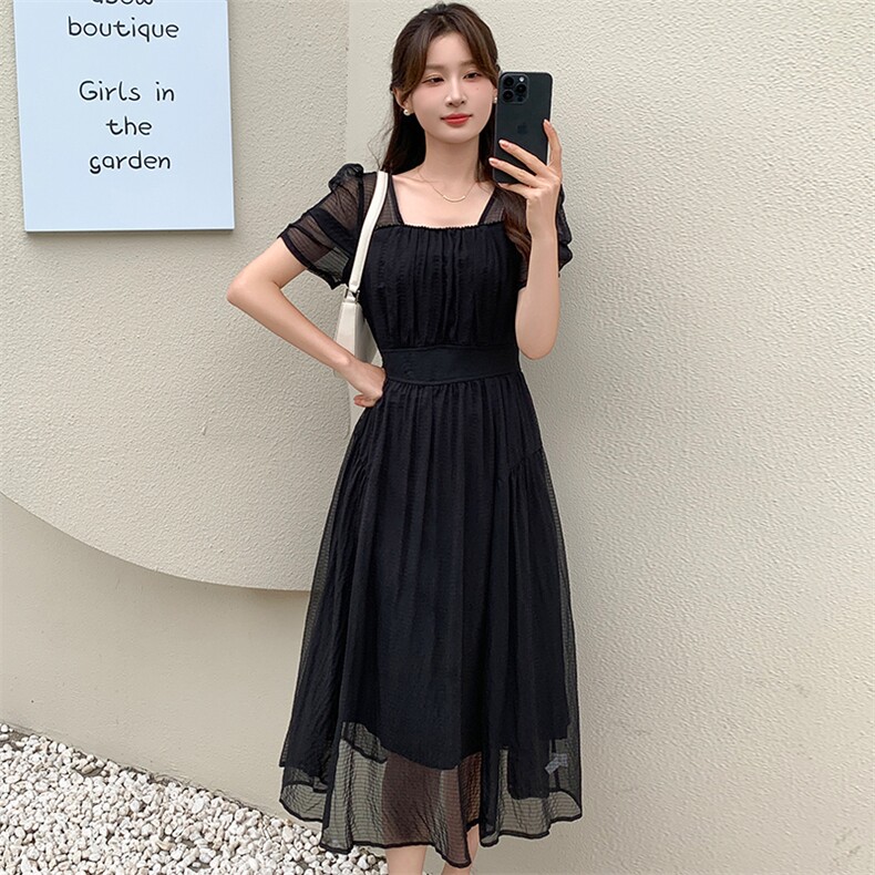 泡泡袖方领气质连衣裙女夏2025新款韩版时尚公主收腰显瘦套头长裙，女装连衣裙，心心服饰