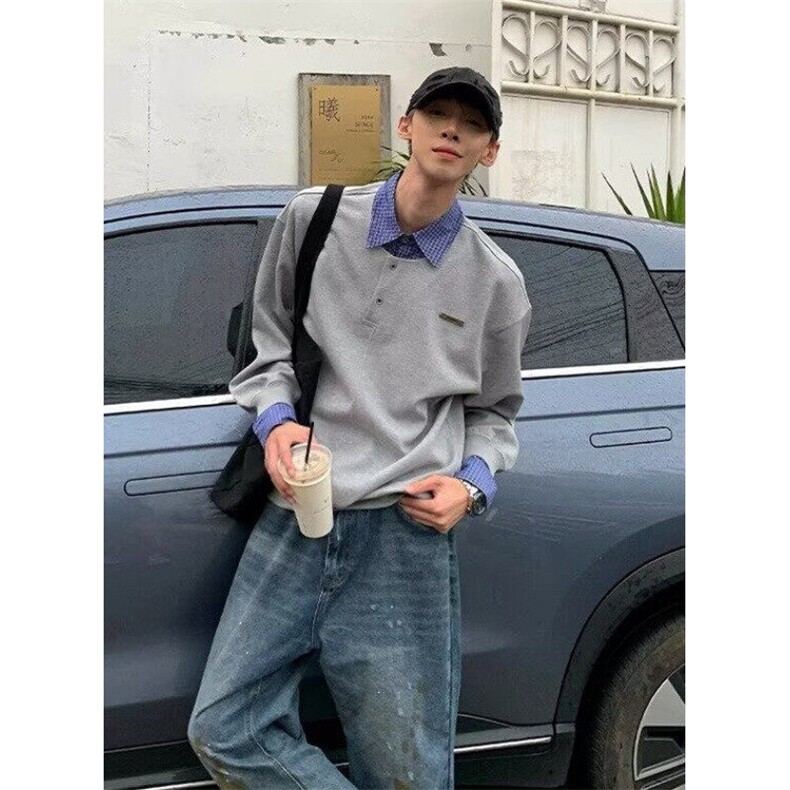 春秋小众设计感格子翻领拼接假两件POLO衫男宽松长袖上衣W07,男装夹克,星座1116A（原606A-3）