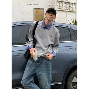 春秋小众设计感格子翻领拼接假两件POLO衫男宽松长袖上衣 W07图片