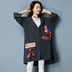 贴布口袋抽象图案宽松中长款开衫长袖2020年冬季件排扣V领，女装大码女装，独衣靓