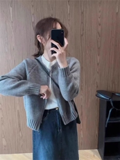 圆领针织衫女宽松软糯慵懒风拉链时尚外套，女装羊毛衫，恒恩羊绒