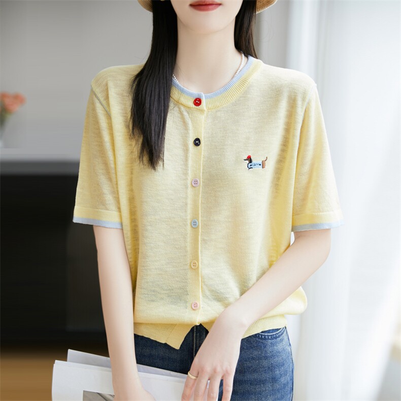竹节麻针织短袖开衫女圆领拼色刺绣小狗彩扣上衣宽松半袖T恤打底,女装蕾丝衫/雪纺衫,菲奥羊绒