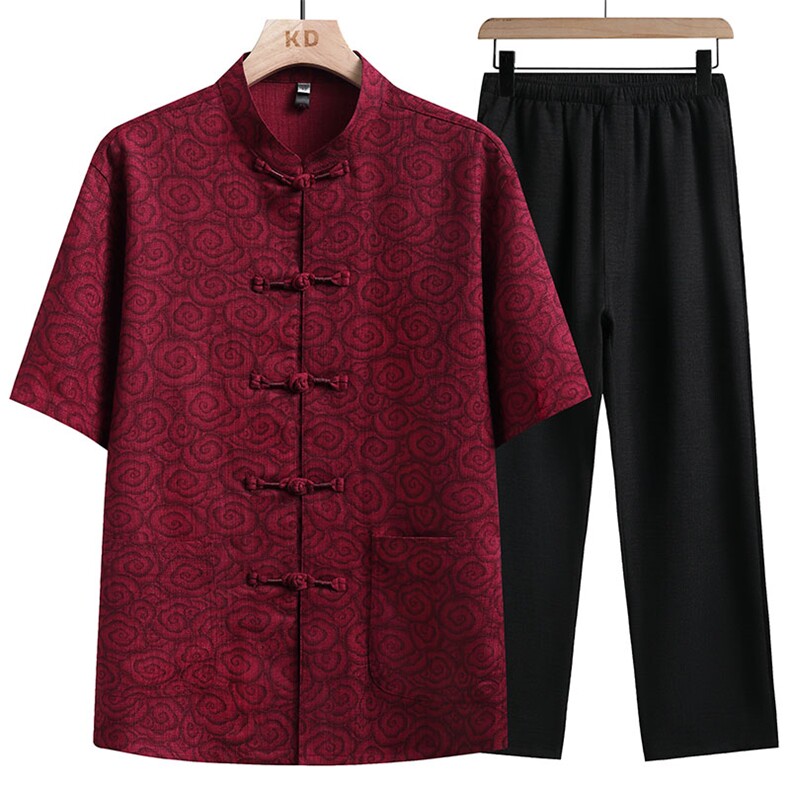 夏季复古唐装薄款风潮冰丝麻短袖复古立领套装TR2807-P100，男装休闲套装，星座1105-3