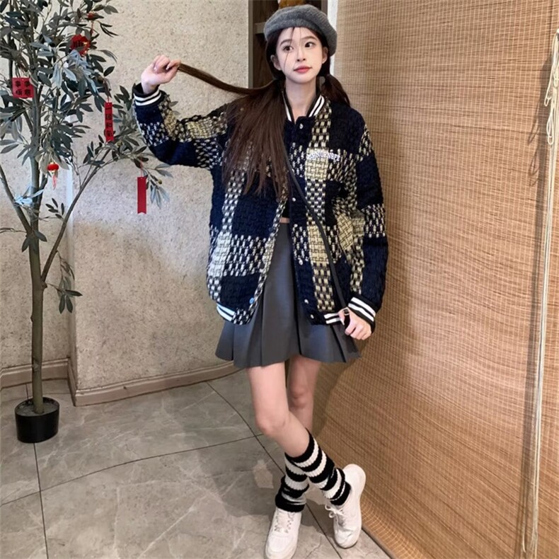新款小香风美式复古格子外套女潮牌高街痞帅棒球服夹克JK481-P65,男装夹克,星座1008