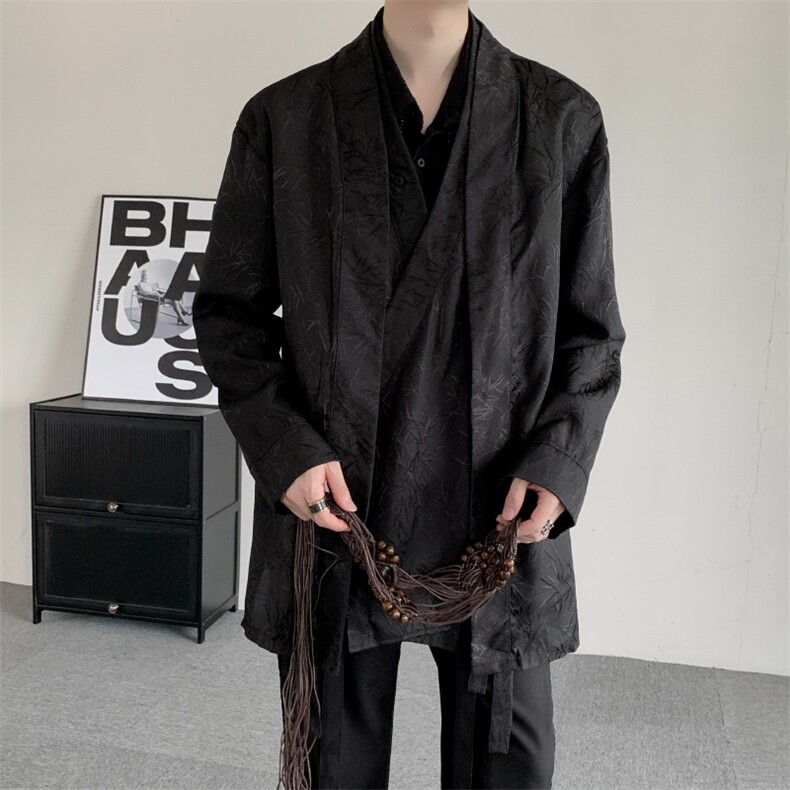 春秋复古新中式飘带竹子提花叠层长袖衬衫大码男女复古外套汉服,男装衬衫,星座909