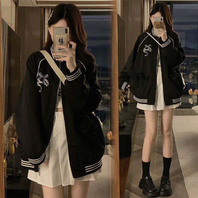 秋季新款黑色棒球服外套美式复古学院风宽松夹克上衣 C823-P88图片