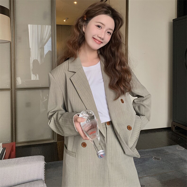 盐甜系穿搭条纹时尚西装套装女春秋新款小个子休闲显瘦短裙两件套,女装连衣裙,2C283