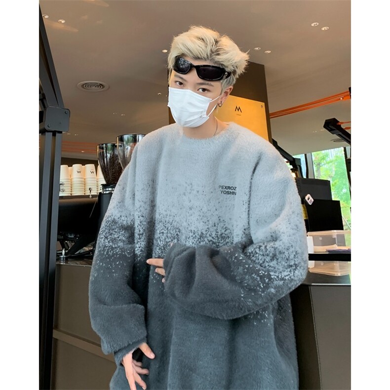 秋冬新款粉色渐变套头毛衣女慵懒风设计感小众水貂毛宽松针织上衣,男装针织衫/毛衣,星座506A