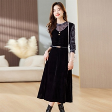 映雪照荧2024年秋季新款收腰显瘦长袖丝绒拼接蕾丝中长连衣裙，女装连衣裙，江南富贵女