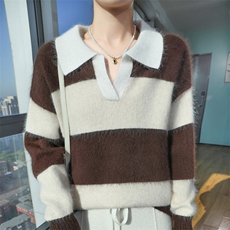 2025秋冬百搭时尚简约polo领条纹长袖针织衫，女装针织衫/毛衣，冬贝尔貂绒