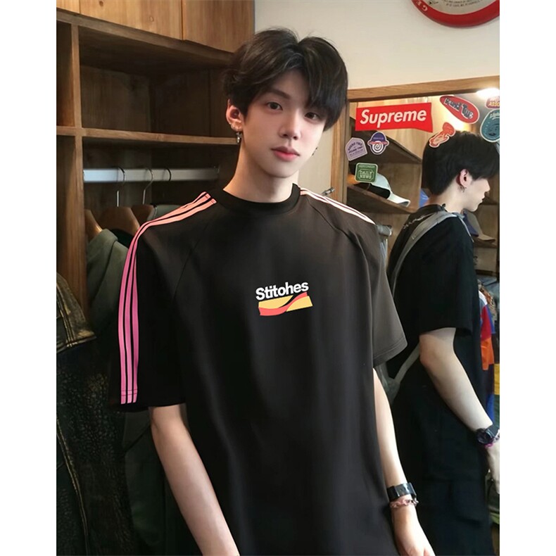 抖音得物品质二开240克宽松纯棉美式潮牌印花三条杠中性风短袖T恤,男装T恤,电商A486-1