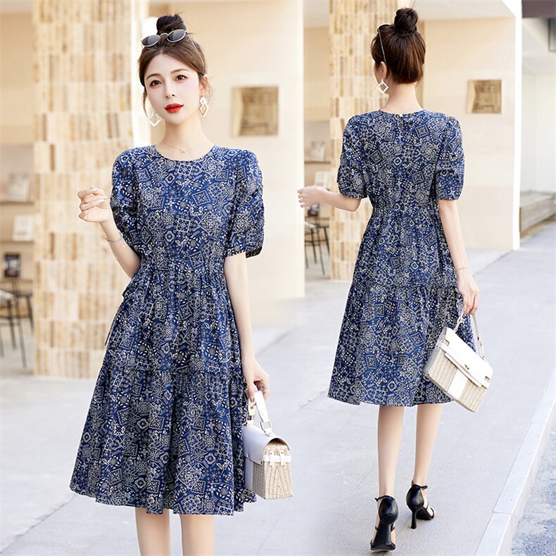 复古印花纯棉连衣裙女夏2025新款高级感收腰显瘦时尚休闲中长裙子，女装连衣裙，布芭啦