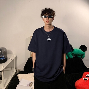 纯棉240g美式复古小标短袖t恤男生青少年五分袖t恤简约百搭图片